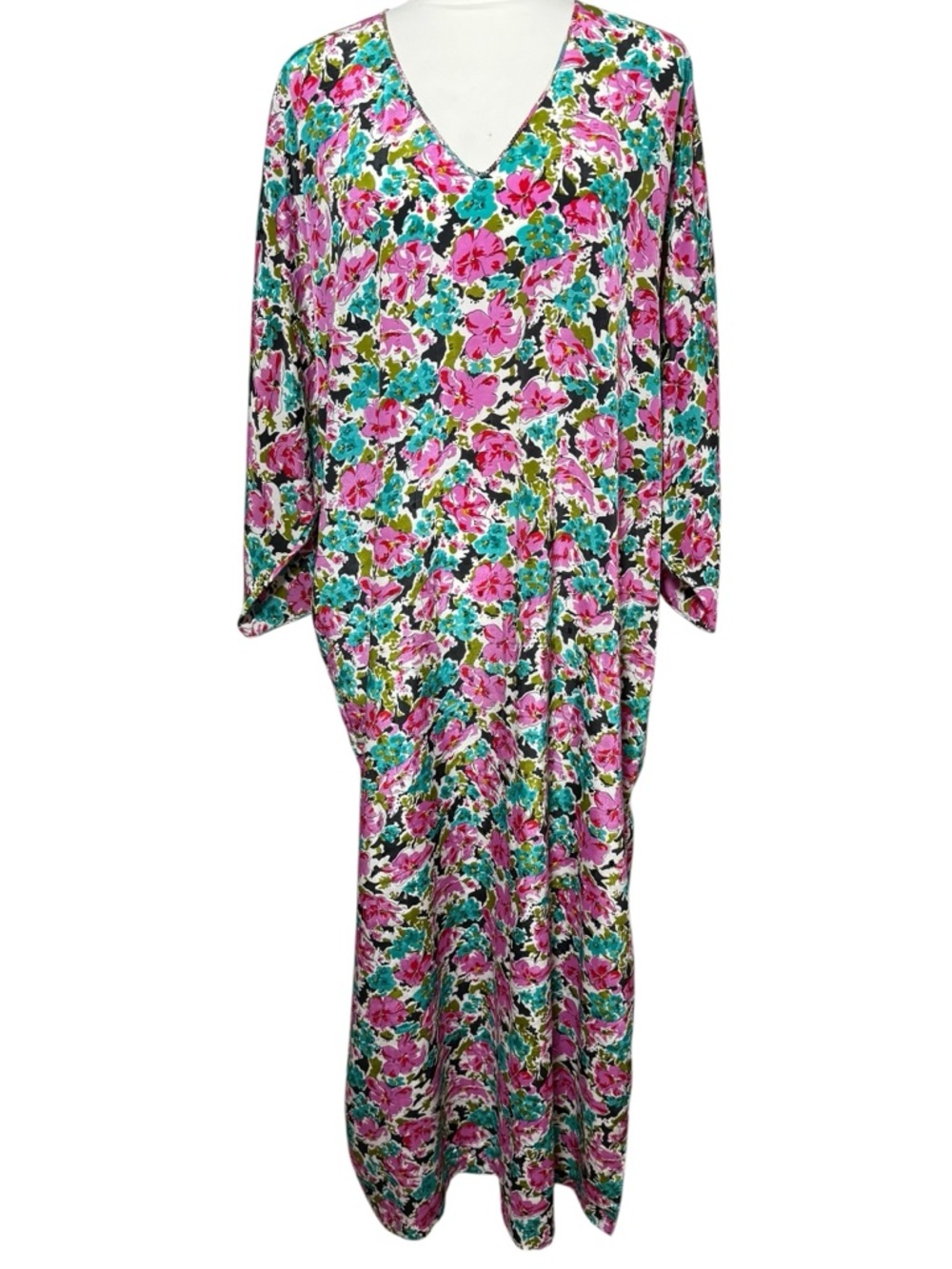 Vintage Mary McFadden Tent Dress Floral V-Neck Satin Metallic Kaftan USA Made OS